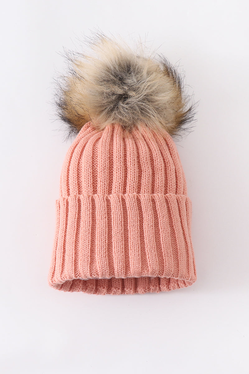 Coral Pink knit pom pom beanie hat baby toddler adult - 2