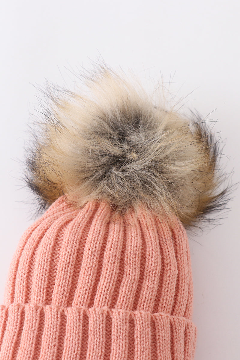 Coral Pink knit pom pom beanie hat baby toddler adult - 3