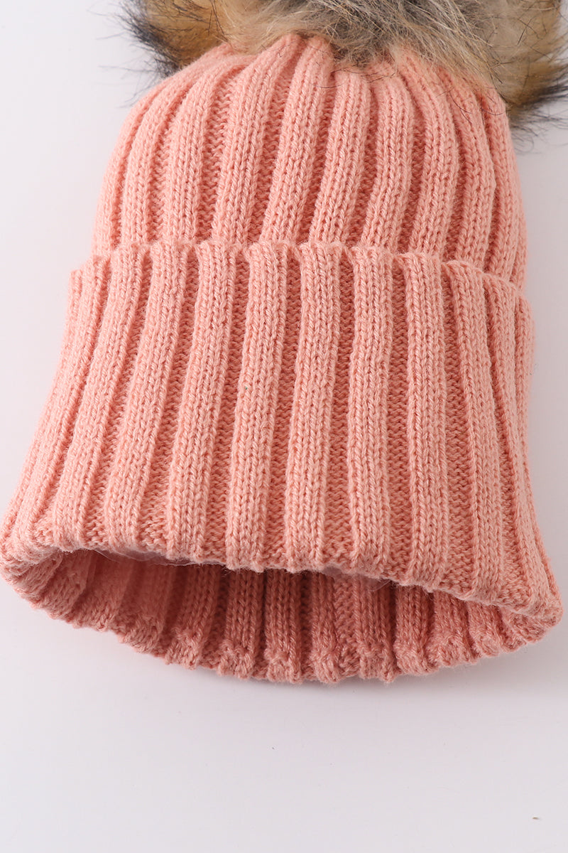 Coral Pink knit pom pom beanie hat baby toddler adult - 4