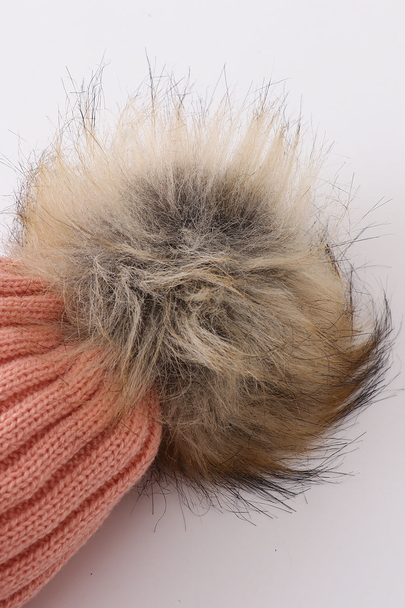 Coral Pink knit pom pom beanie hat baby toddler adult - 5