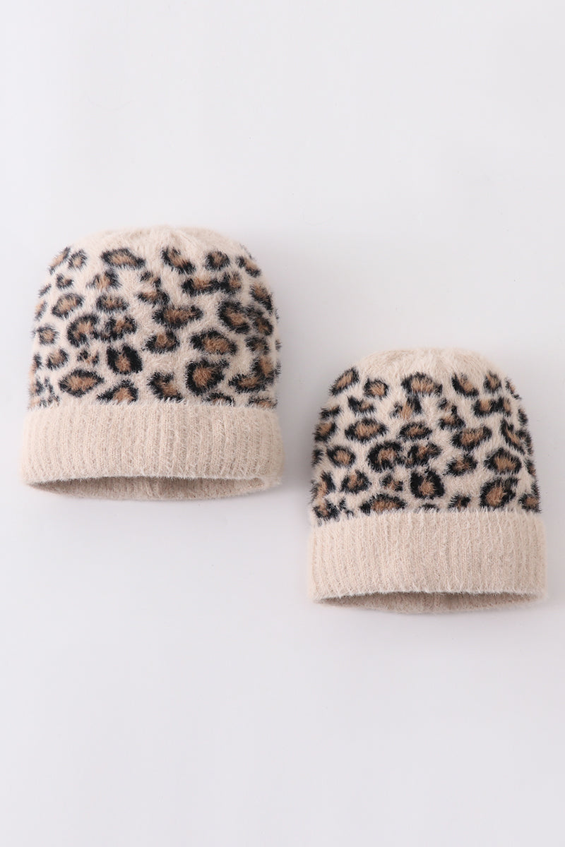 Beige leopard beanie hat toddler adult - 1