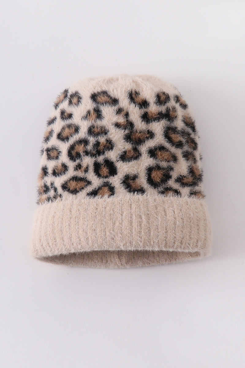Beige leopard beanie hat toddler adult - 2