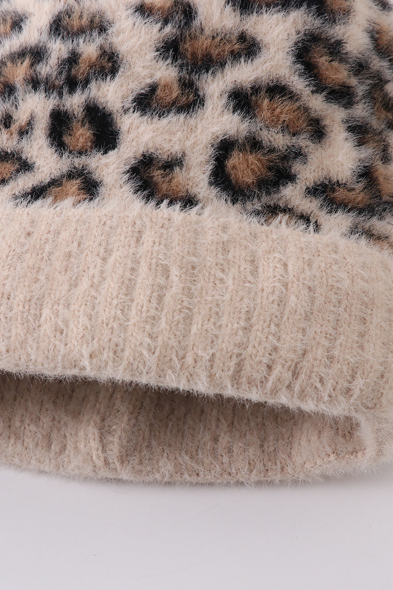 Beige leopard beanie hat toddler adult - 4