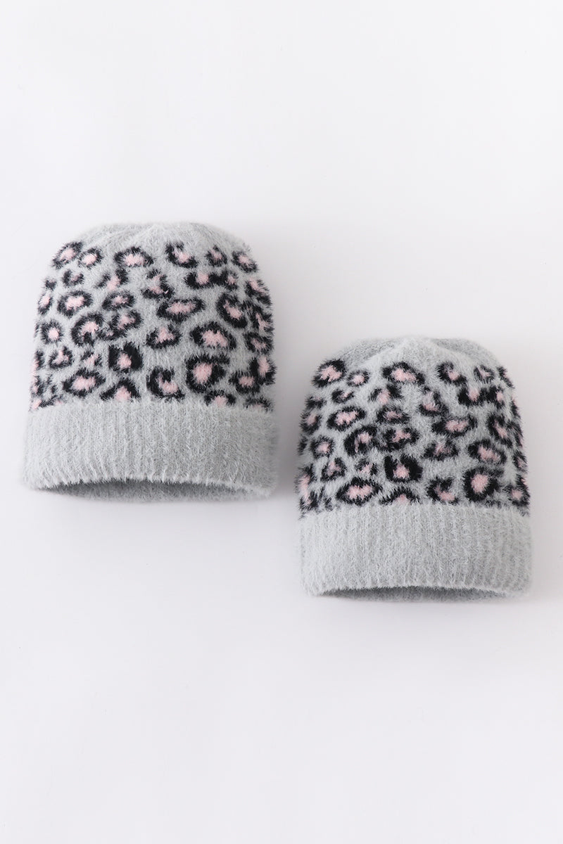 Grey leopard beanie hat toddler adult - 1