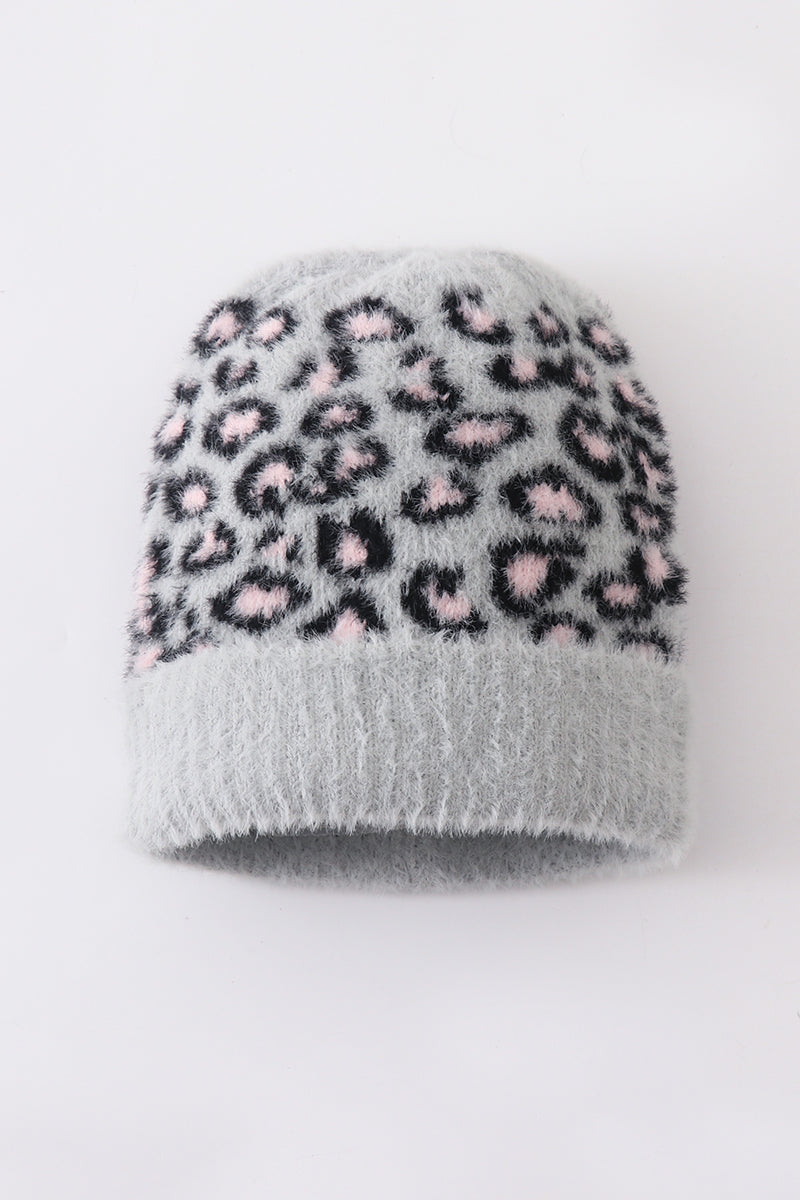 Grey leopard beanie hat toddler adult - 2