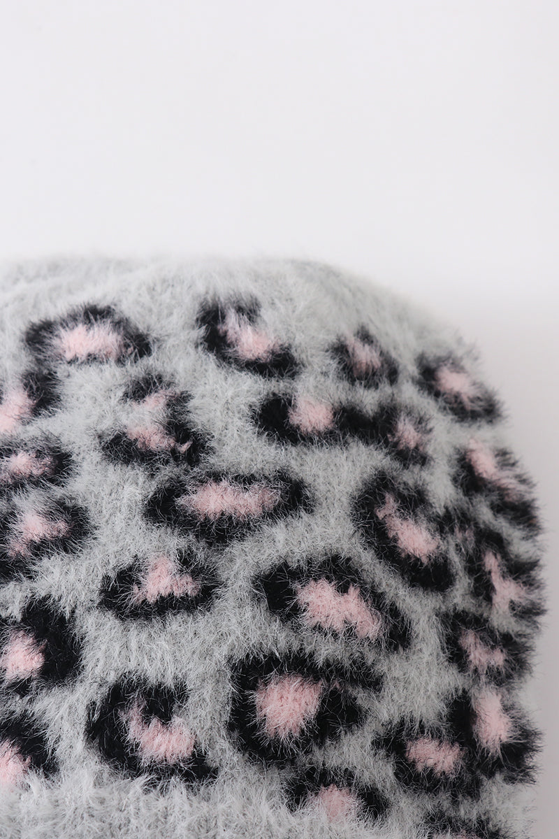 Grey leopard beanie hat toddler adult - 3