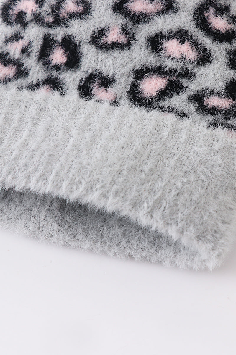 Grey leopard beanie hat toddler adult - 4