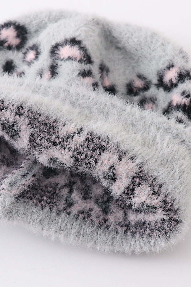 Grey leopard beanie hat toddler adult - 6