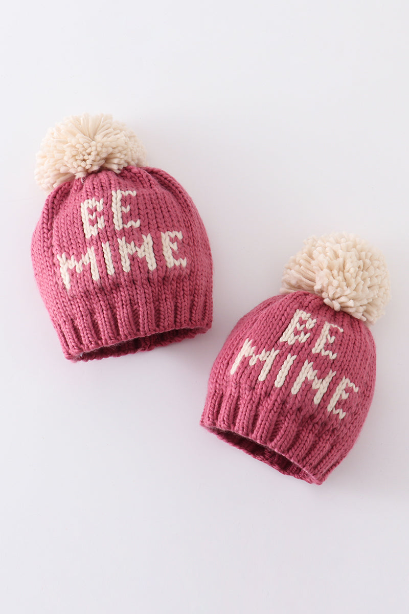 Pink BE MINE knit beanie pom pom hat - 1