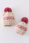 Cream XOXO knit beanie pom pom hat - 1