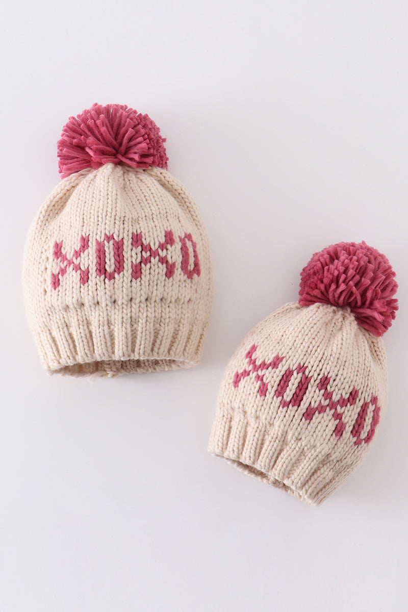Cream XOXO knit beanie pom pom hat - 1