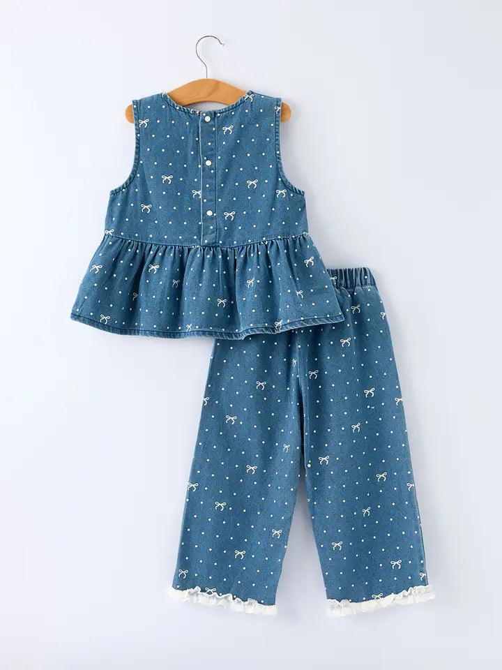 Spring Bow Dot Denim Ruffle Top and Pants Set 3/4 Pants - 2