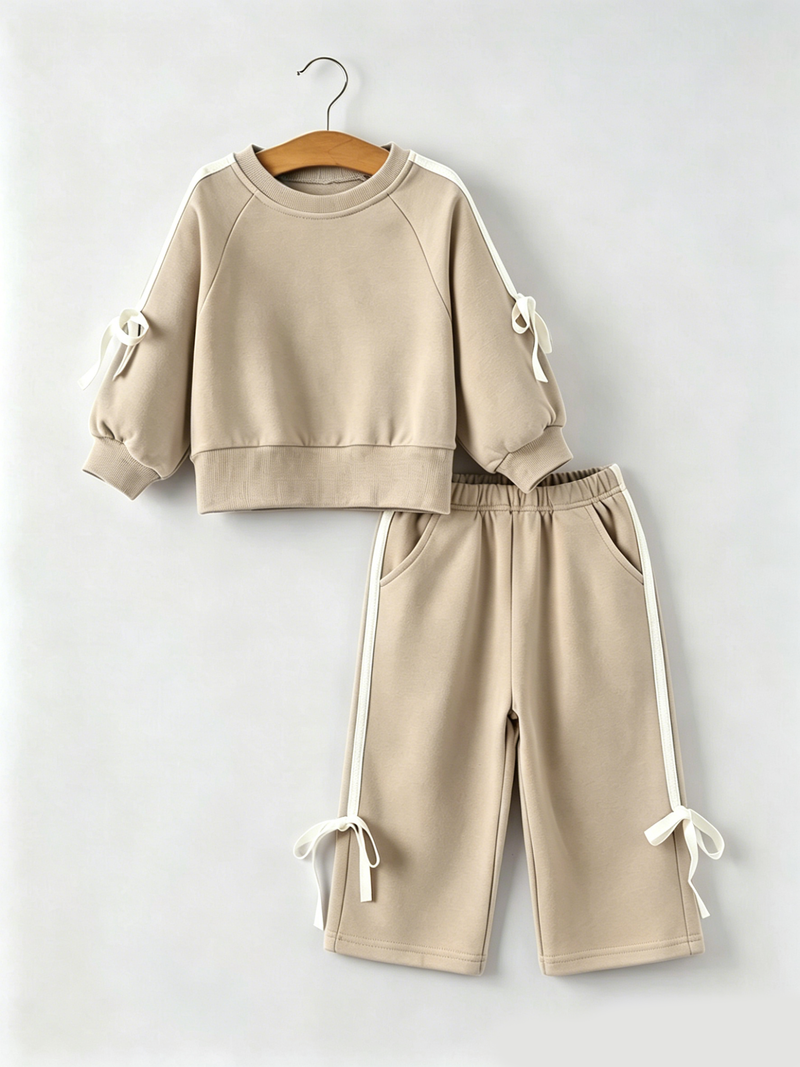 Girls Pink Bow Trim Sweatshirt and Pants Set - 14