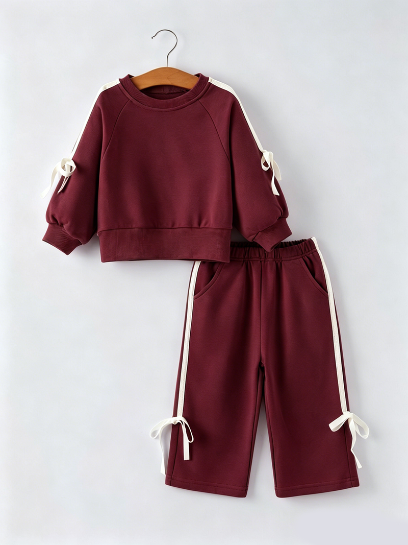 Girls Pink Bow Trim Sweatshirt and Pants Set - 12