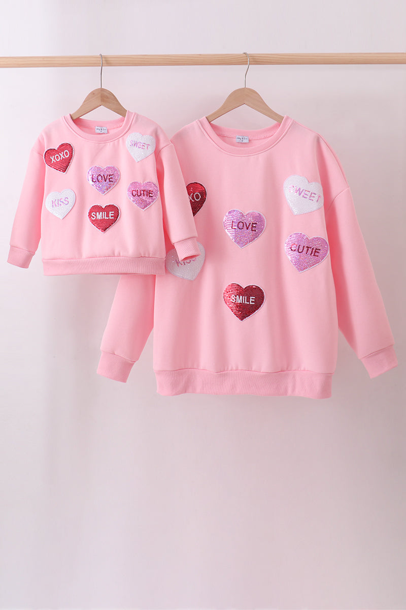 Pink heart love smile sequin fleece mom&me sweatshrit - 1
