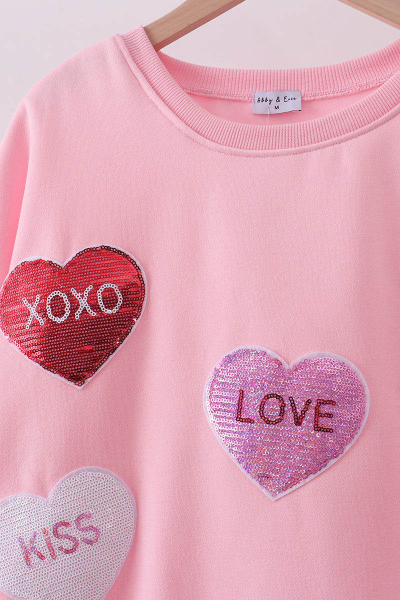 Pink heart love smile sequin fleece mom&me sweatshrit - 9