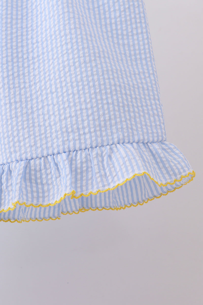 Blue lemon embroidery seersucker ruffle shorts set - 3