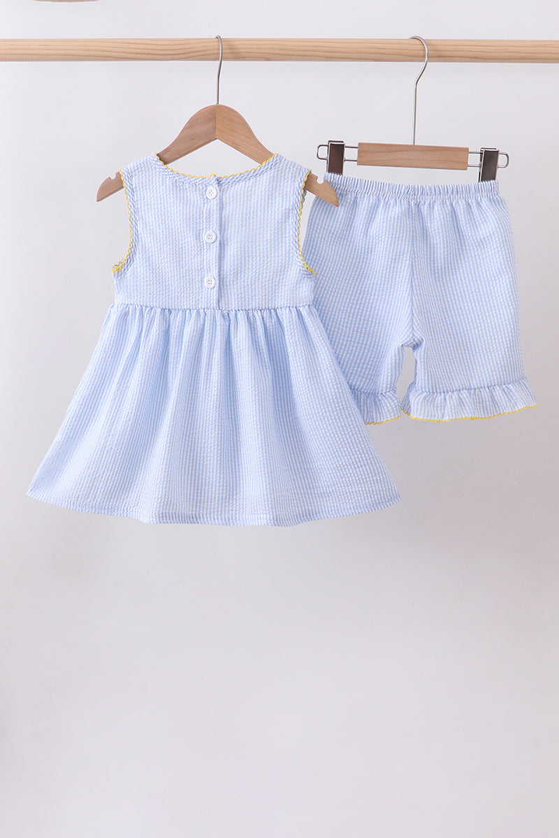 Blue lemon embroidery seersucker ruffle shorts set - 5