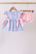 Blue Stripe Bow Seersucker Bloomer Set - 1