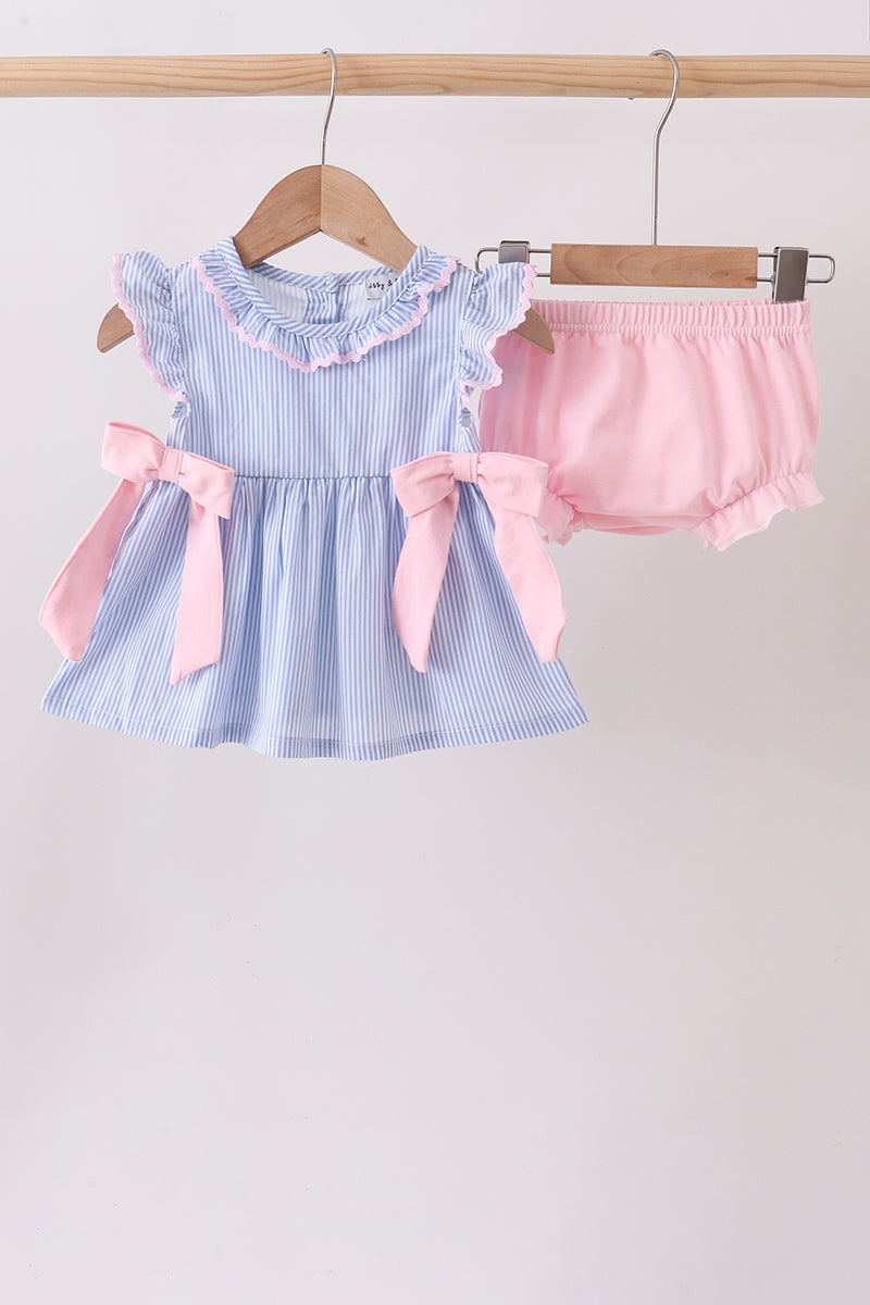 Blue Stripe Bow Seersucker Bloomer Set - 1
