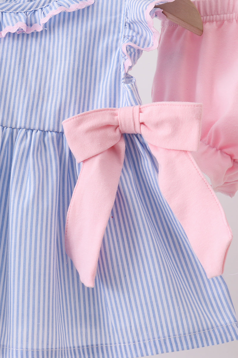 Blue Stripe Bow Seersucker Bloomer Set - 2