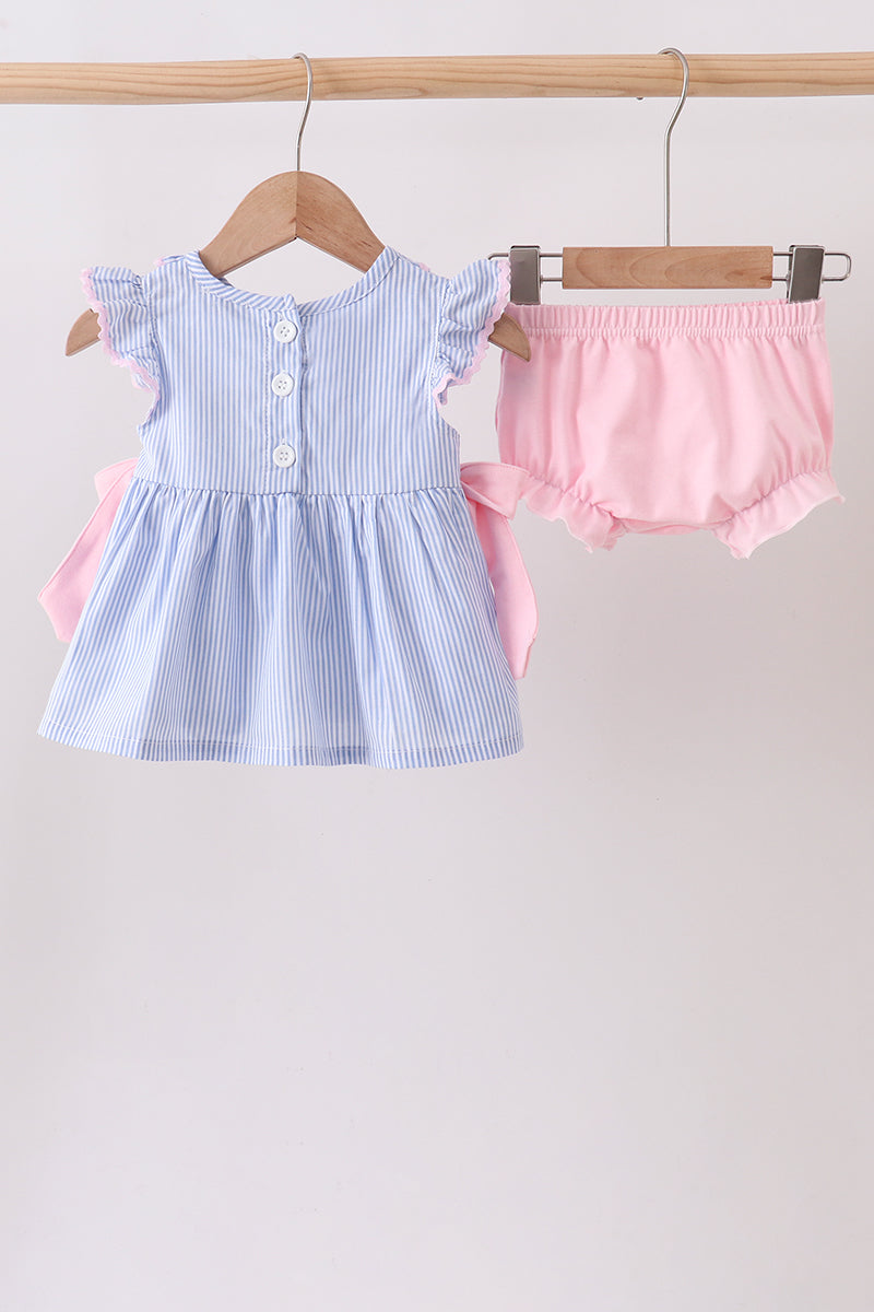 Blue Stripe Bow Seersucker Bloomer Set - 5