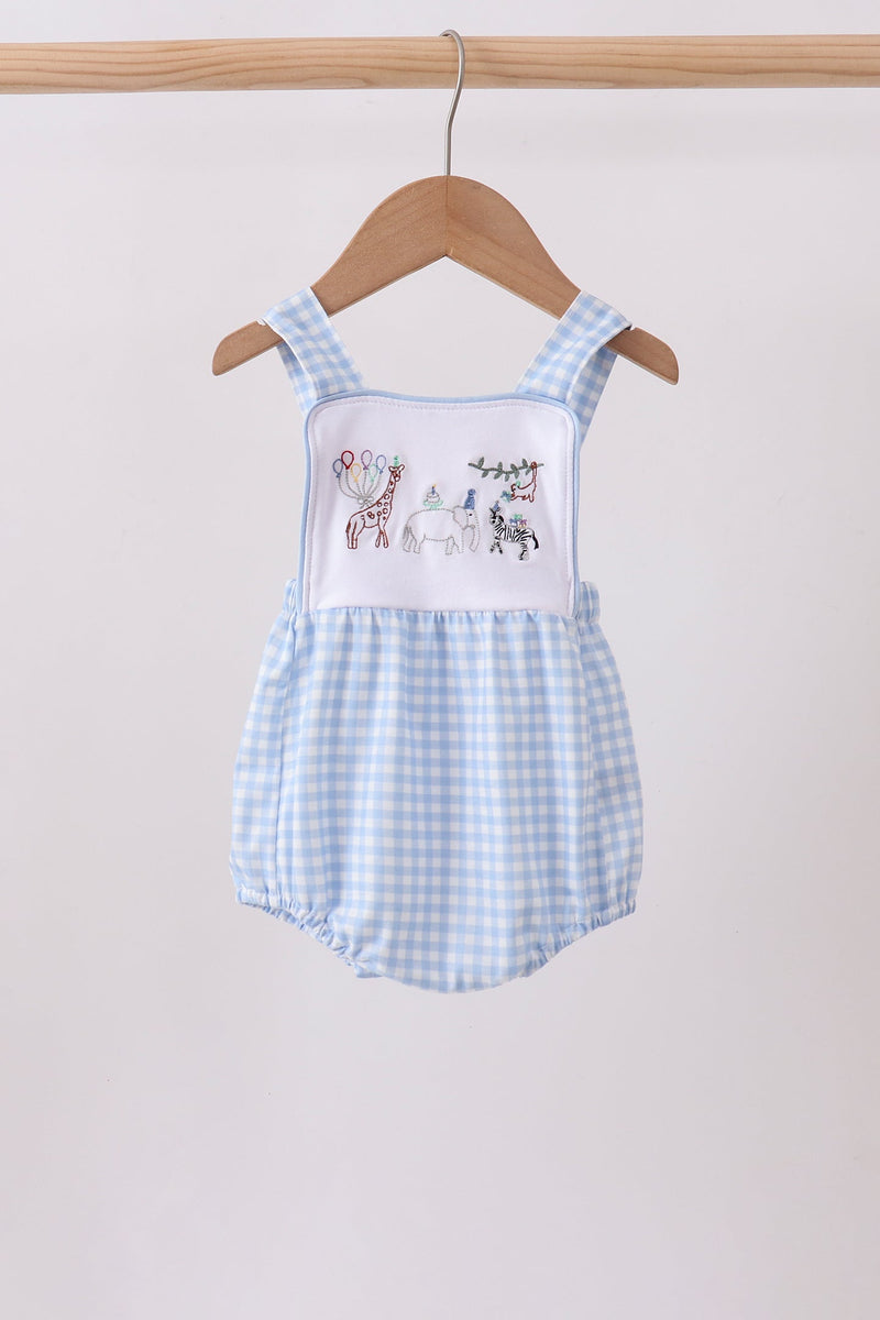 Blue Gingham Animal Embroidered Bubble - 1