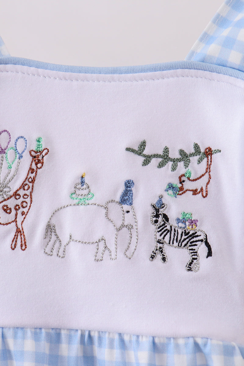 Blue Gingham Animal Embroidered Bubble - 2
