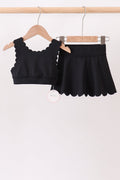 Black Scalloped Yoga Skorts Set - 1
