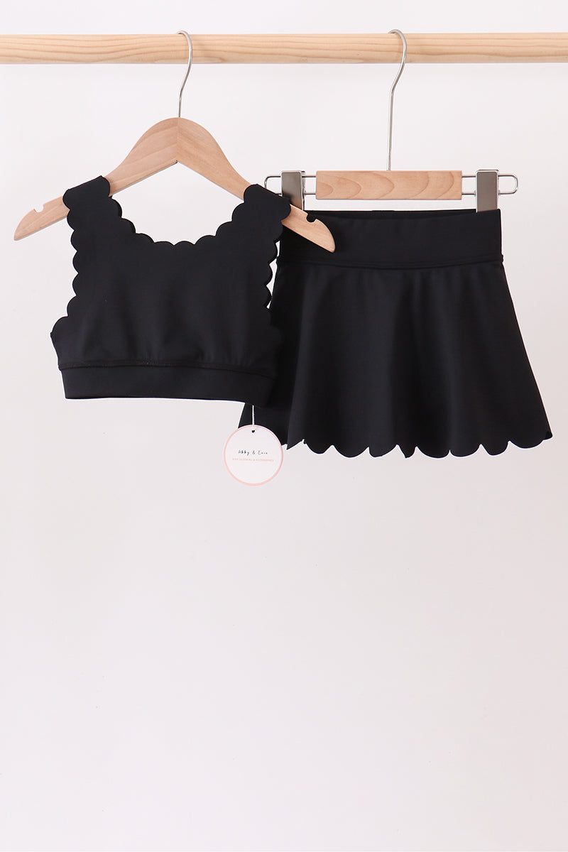 Black Scalloped Yoga Skorts Set - 1