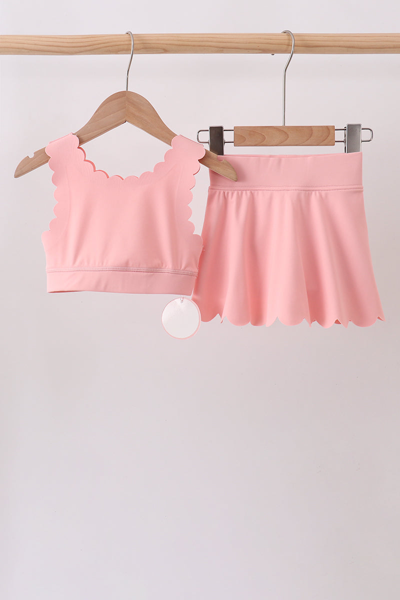 Pink Scalloped Yoga Skorts Set - 1