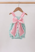 Pink Floral Knit Bubble Romper with Bow for Baby Girls - 1
