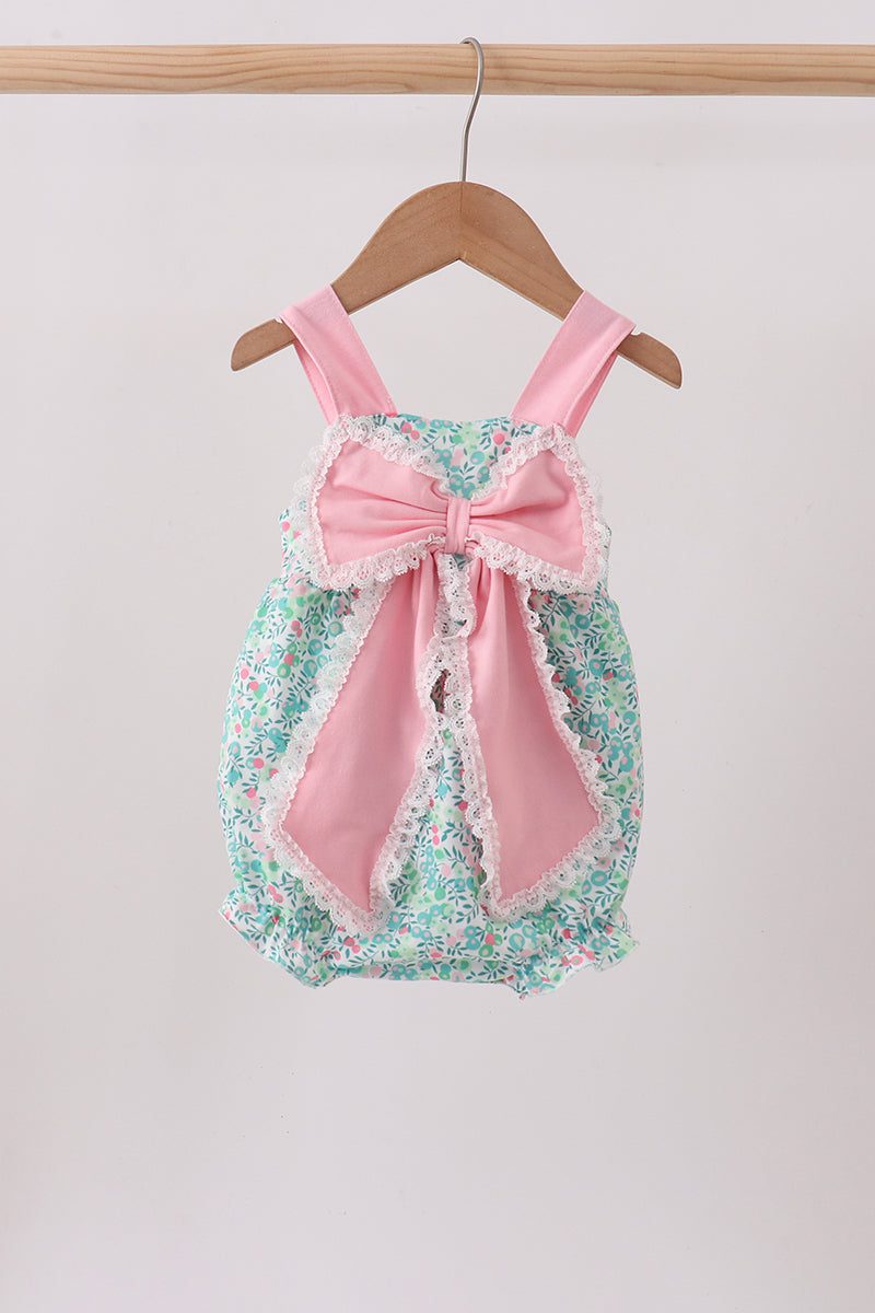 Pink Floral Knit Bubble Romper with Bow for Baby Girls - 1