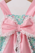 Pink Floral Knit Bubble Romper with Bow for Baby Girls - 2