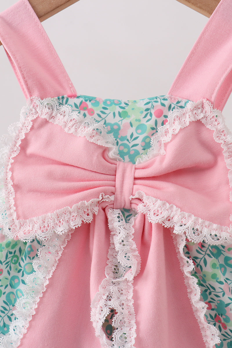 Pink Floral Knit Bubble Romper with Bow for Baby Girls - 2