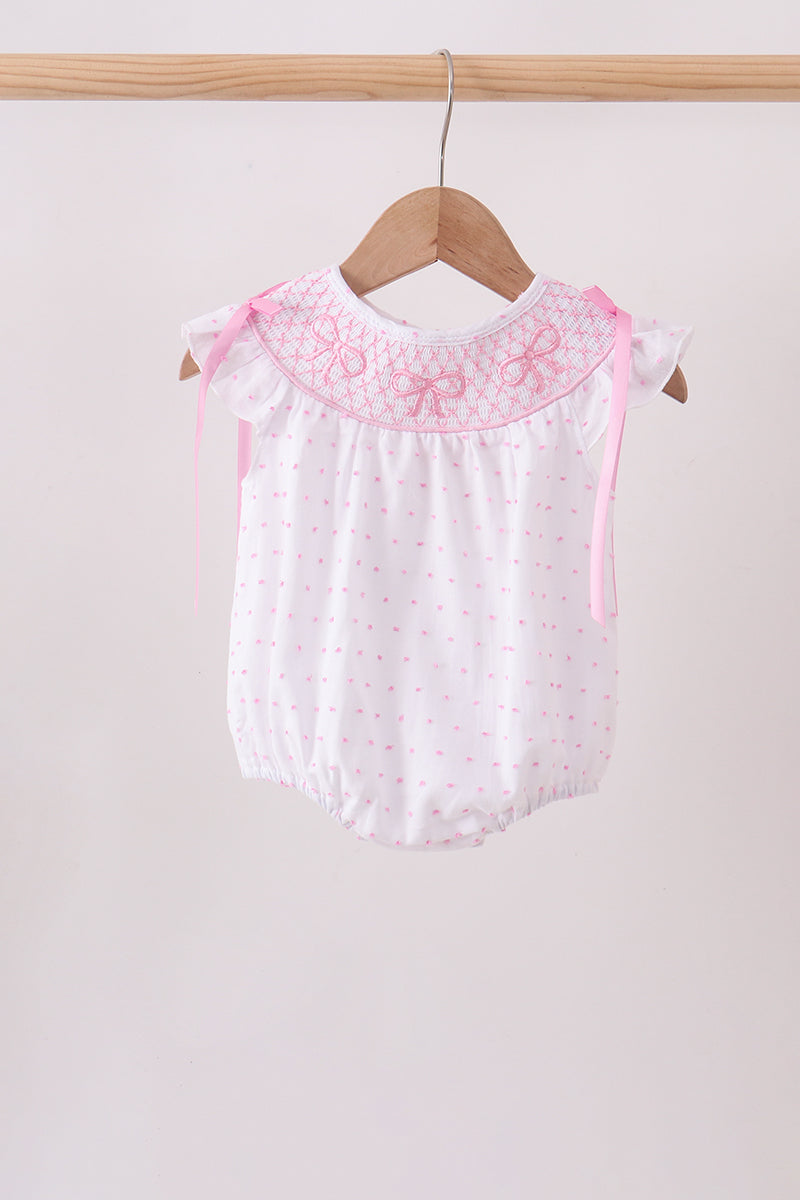 Pink Bow Smocked Swiss Dot Bubble - 1