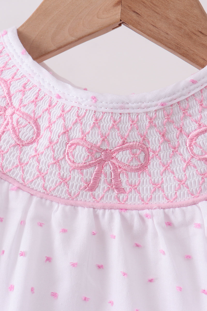 Pink Bow Smocked Swiss Dot Bubble - 2