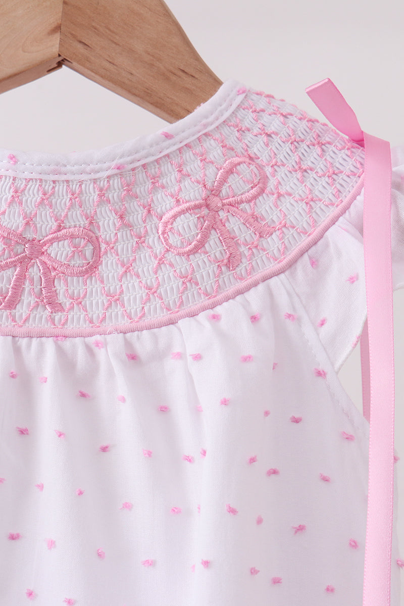 Pink Bow Smocked Swiss Dot Bubble - 4