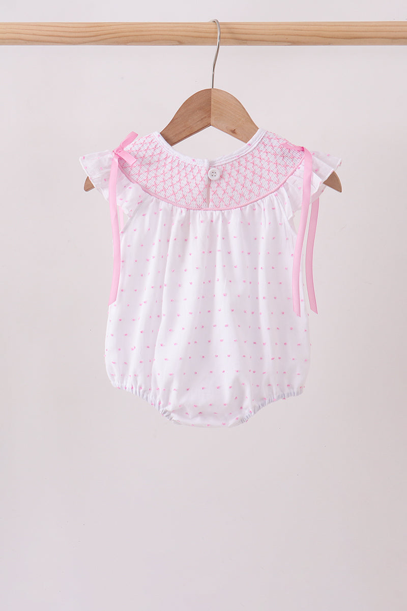 Pink Bow Smocked Swiss Dot Bubble - 5