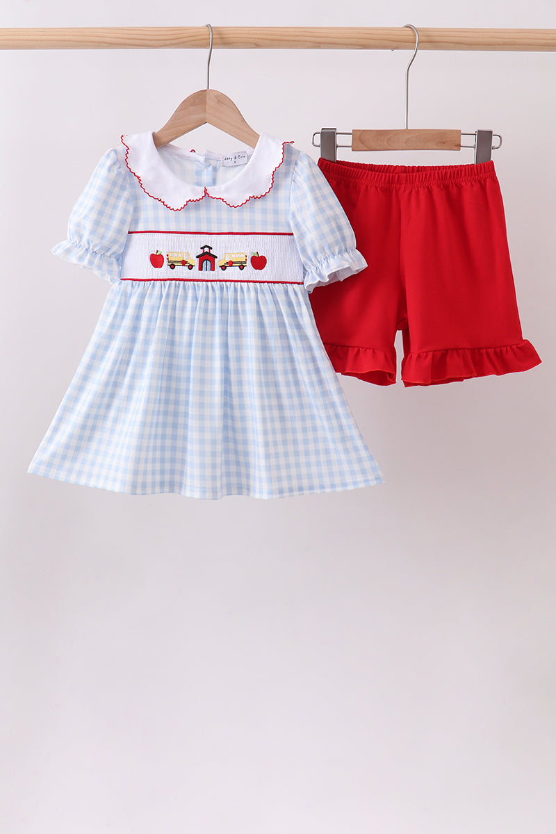 Blue School Bus Smocked Ruffle Shorts Set - 1