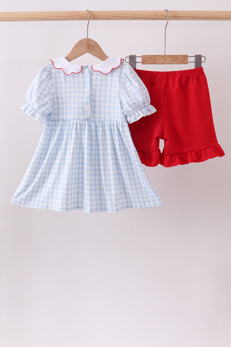 Blue School Bus Smocked Ruffle Shorts Set - 2