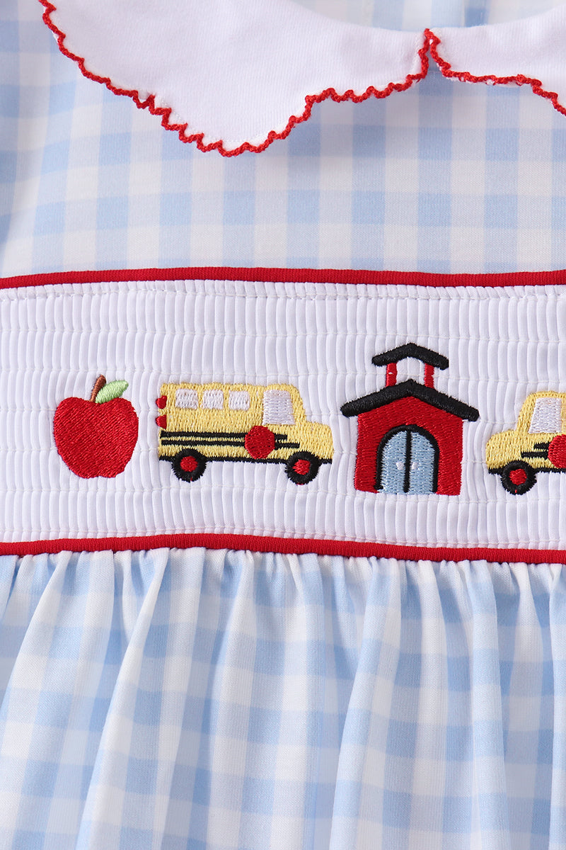 Blue School Bus Smocked Ruffle Shorts Set - 3