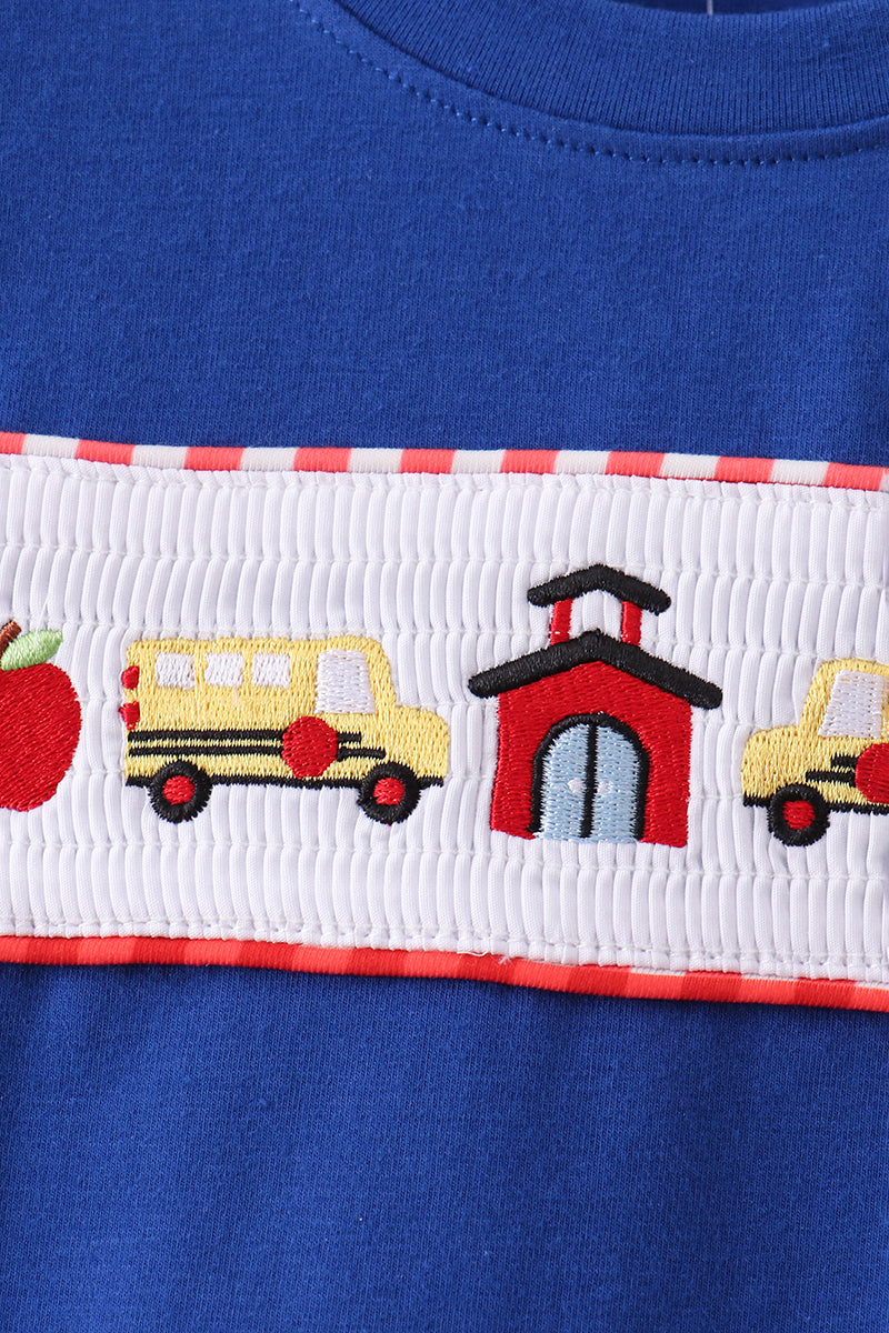 Navy School Bus Smocked Gingham Shorts Set - 2