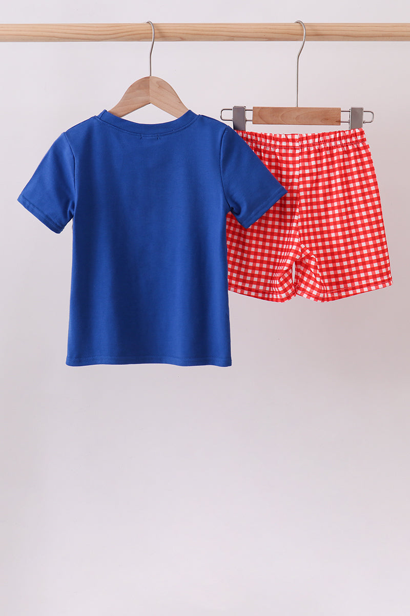 Navy School Bus Smocked Gingham Shorts Set - 5