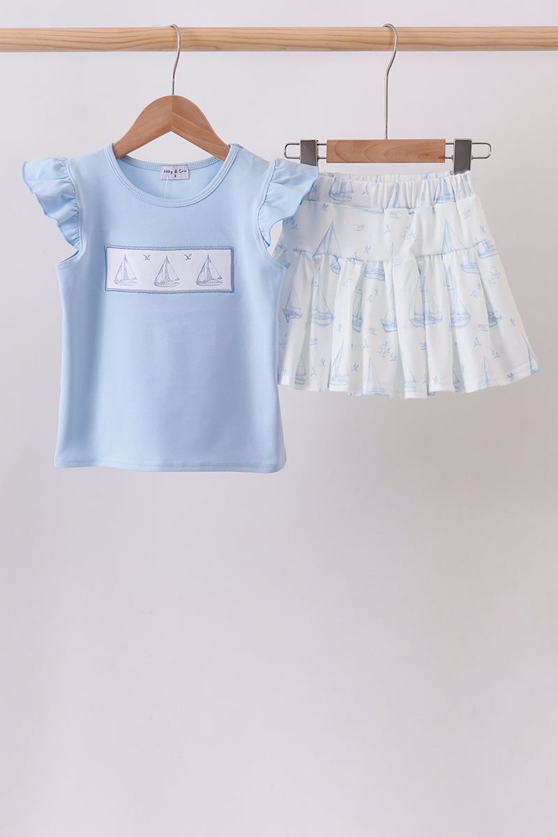 Blue Sailboat Embroidered Skorts Set - 1