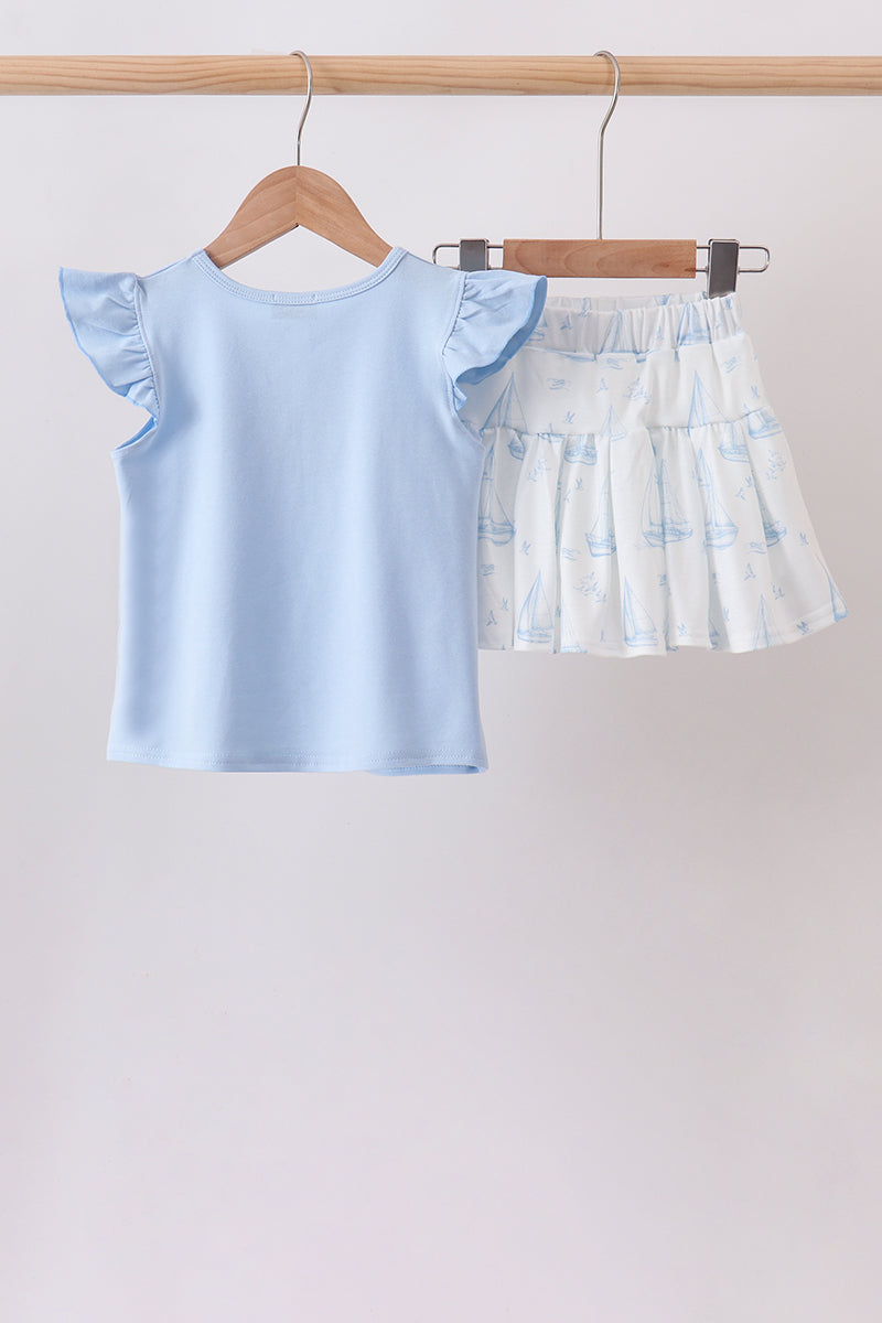 Blue Sailboat Embroidered Skorts Set - 2