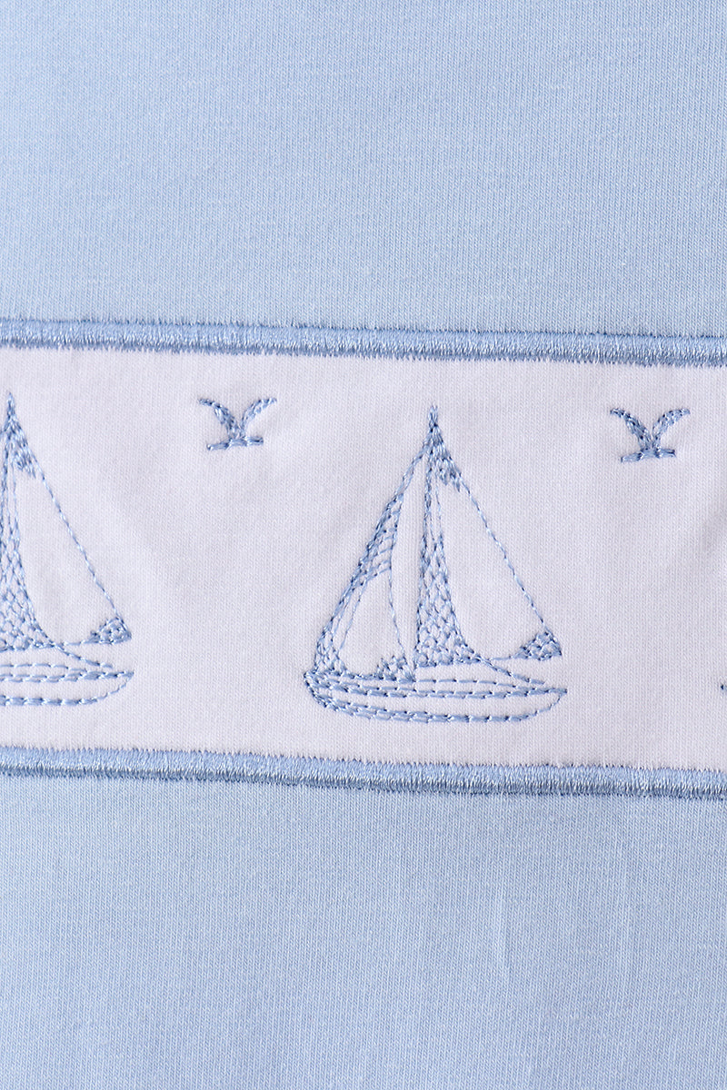 Blue Sailboat Embroidered Jon Jon - 3