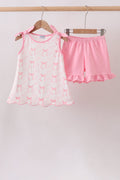 Pink Bow Print Ruffle Shorts Set - 1