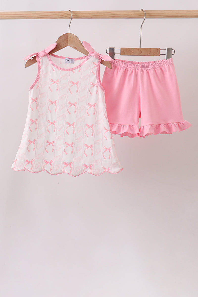 Pink Bow Print Ruffle Shorts Set - 1