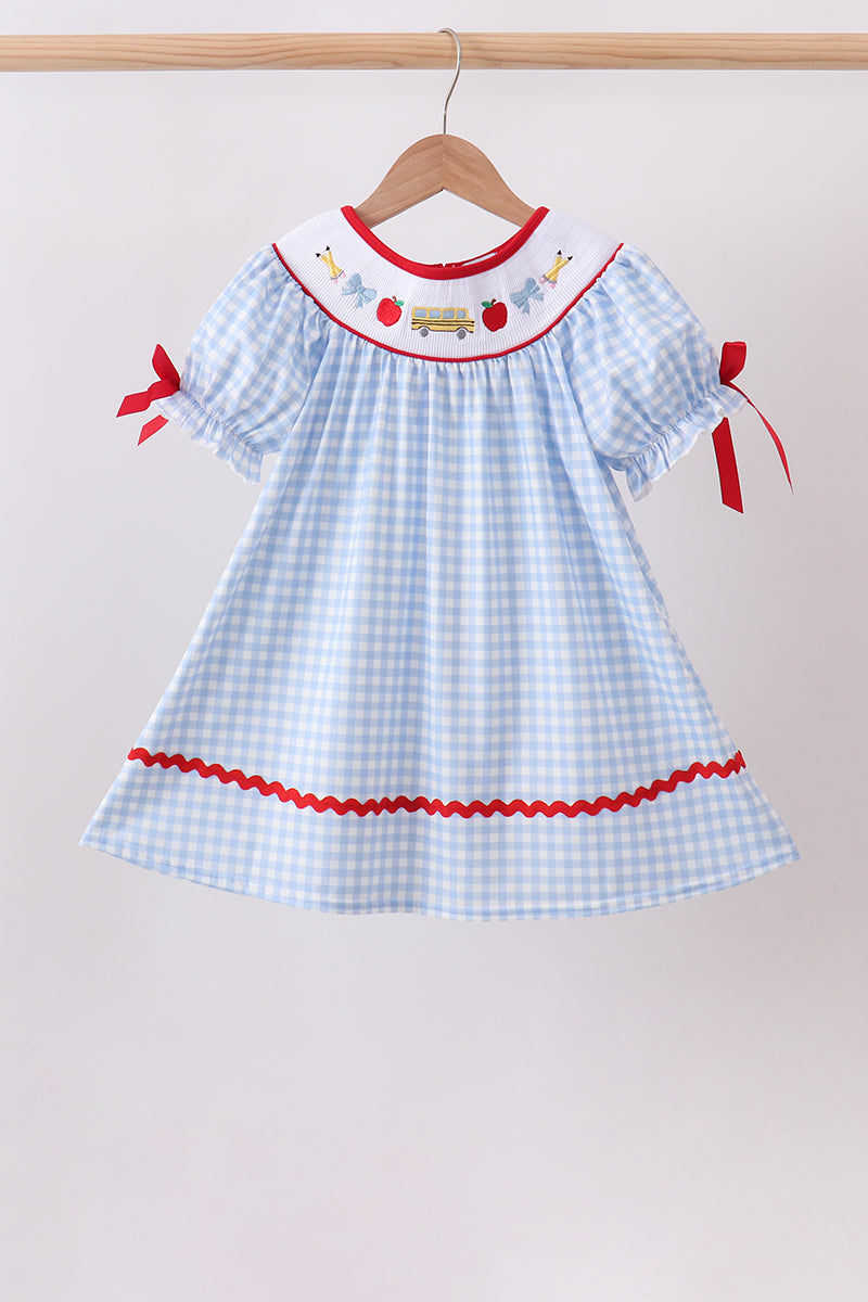 Blue School Bus Smocked Gingham Dress - 1